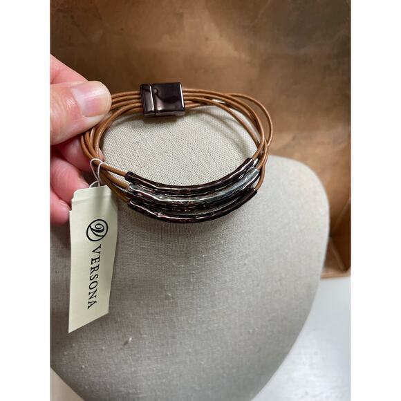NWT 5 Layered Leather Cable String Bracelet Bronze & Silver Metal Magnetic Clasp - Picture 3 of 6